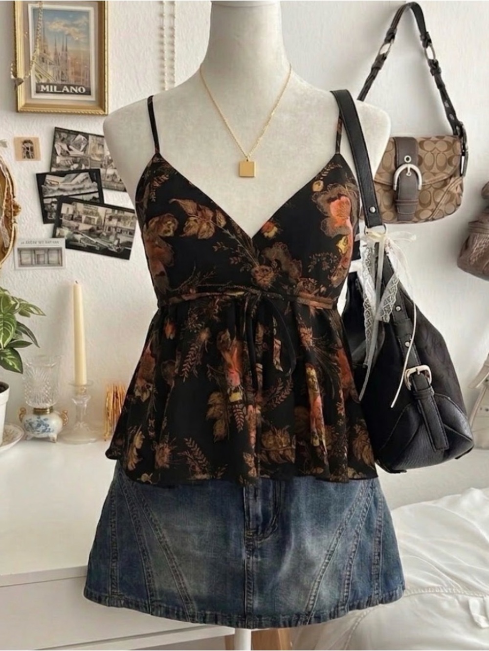 Urban Outfitters Black Floral Spaghetti Strap Peplum Top